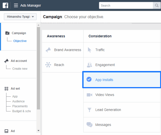creating a new facebook ad campaign to drive app installs